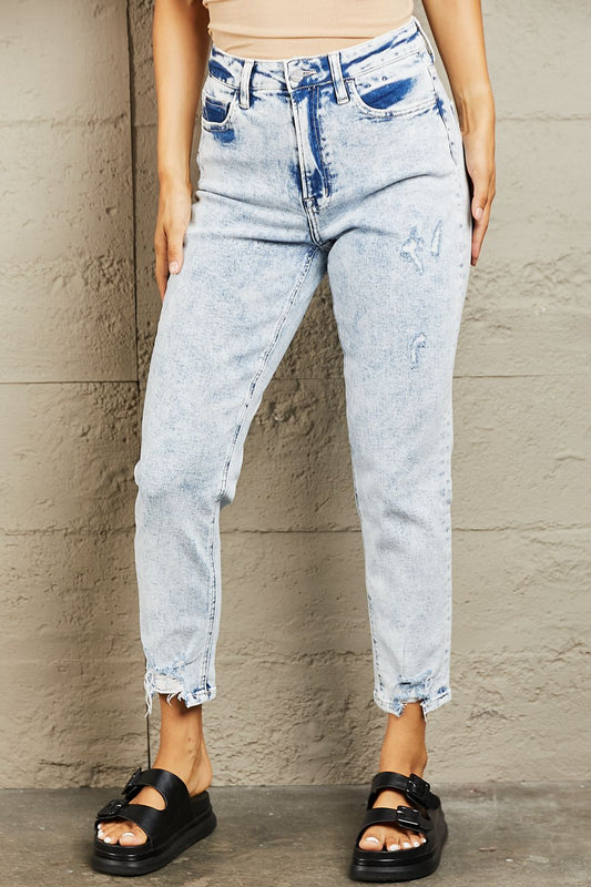 BAYEAS High Waisted Distressed Acid Wash Cropped Skinny Jeans