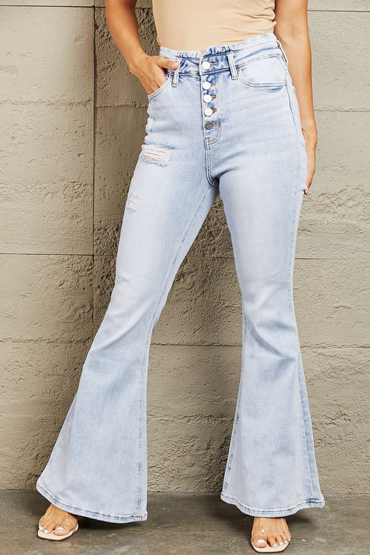 BAYEAS High Waisted Button Fly Distressed Flare Jeans