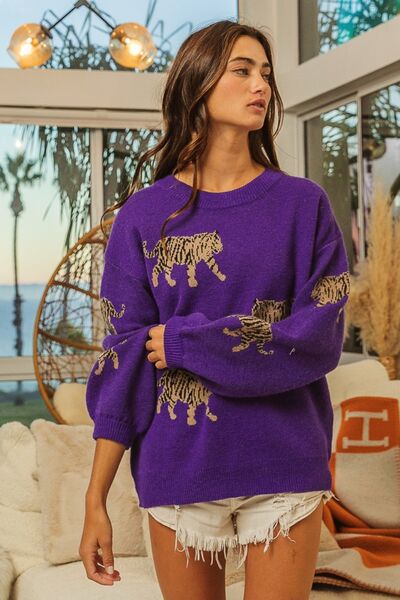 BiBi Tiger Pattern Long Sleeves Relaxed Fit Pullover Sweater