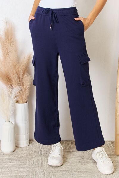 RISEN High Rise Drawstring Relaxed Fit Cargo Pocket Wide Leg Lounge Pants | Navy