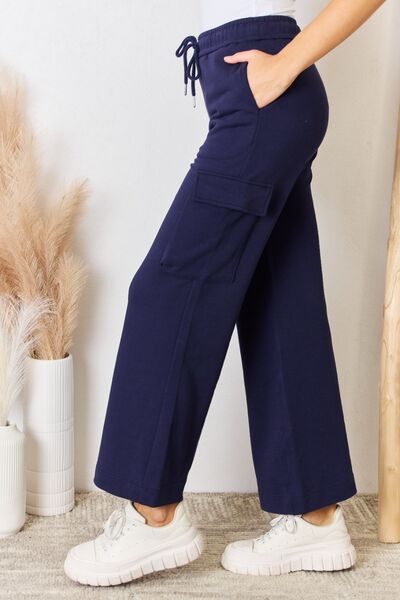 RISEN High Rise Drawstring Relaxed Fit Cargo Pocket Wide Leg Lounge Pants | Navy