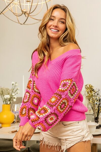 BiBi V-Neck Crochet Detail Long Sleeves Pullover Sweater