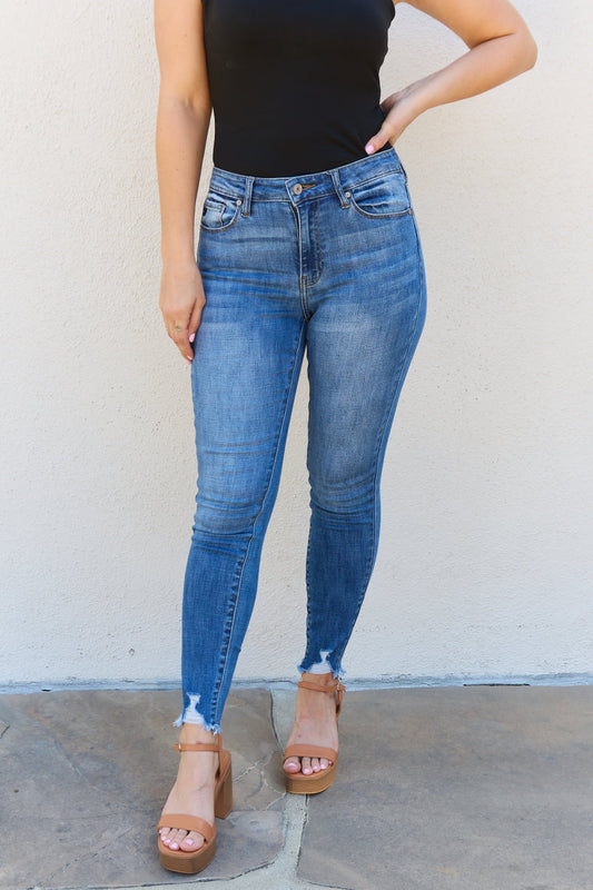 KANCAN Lindsay Full Size Raw Hem High Rise Skinny Jeans in Medium Wash
