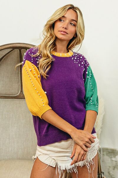 BiBi Color Block Pearl Detail Round Neck Pullover Sweater