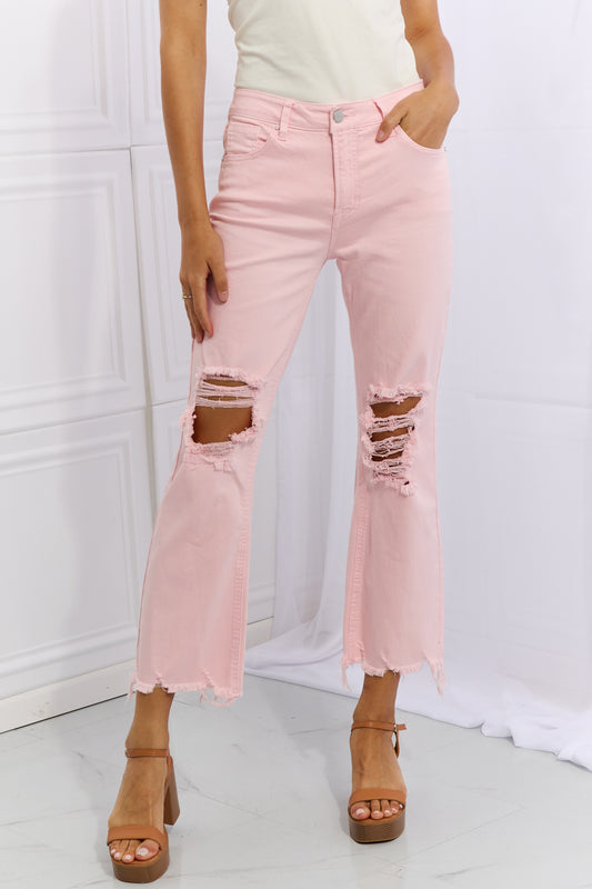 RISEN Miley Full Size Distressed Ankle Flare Jeans in Blush Pink