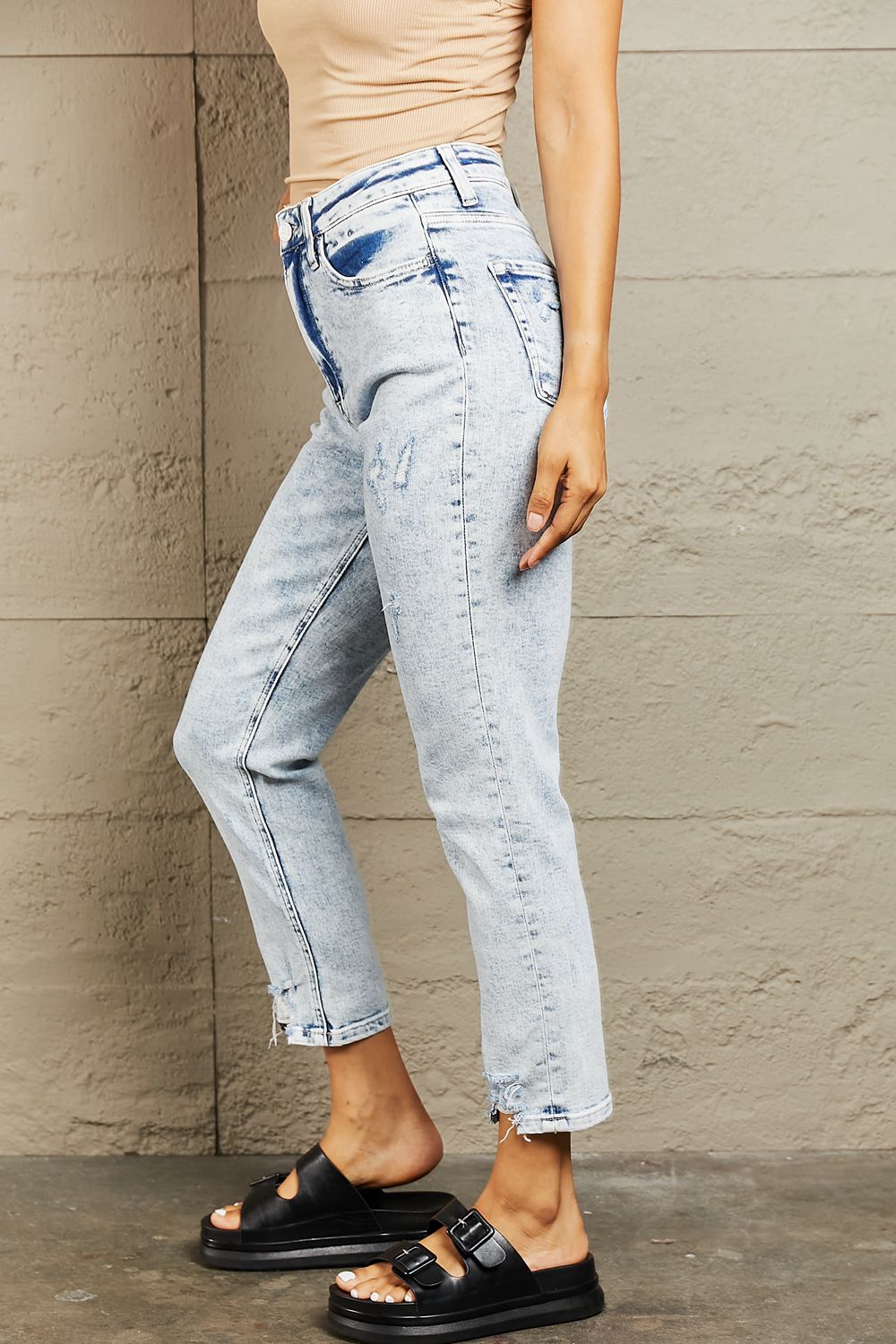 BAYEAS High Waisted Distressed Acid Wash Cropped Skinny Jeans