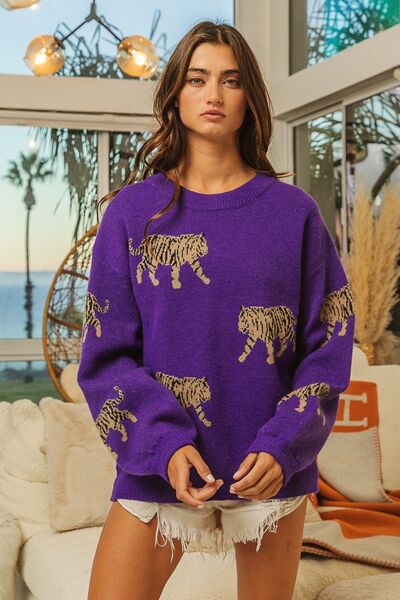 BiBi Tiger Pattern Long Sleeves Relaxed Fit Pullover Sweater