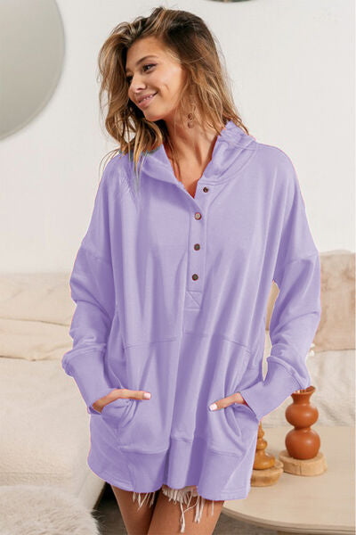 BiBi Half Snap Thumbhole Long Sleeves Relaxed Fit Hoodie Sweatshirt in Lavender