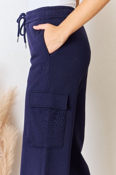 RISEN High Rise Drawstring Relaxed Fit Cargo Pocket Wide Leg Lounge Pants | Navy