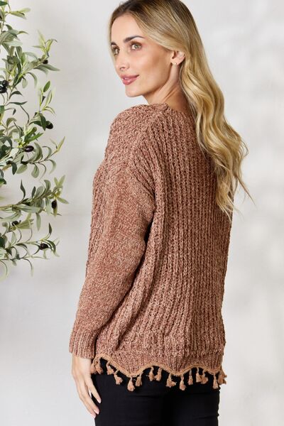 BiBi Tassel Trim Detail Round Neck Long Sleeves Pullover Sweater