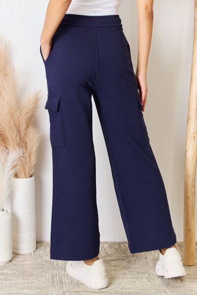 RISEN High Rise Drawstring Relaxed Fit Cargo Pocket Wide Leg Lounge Pants | Navy