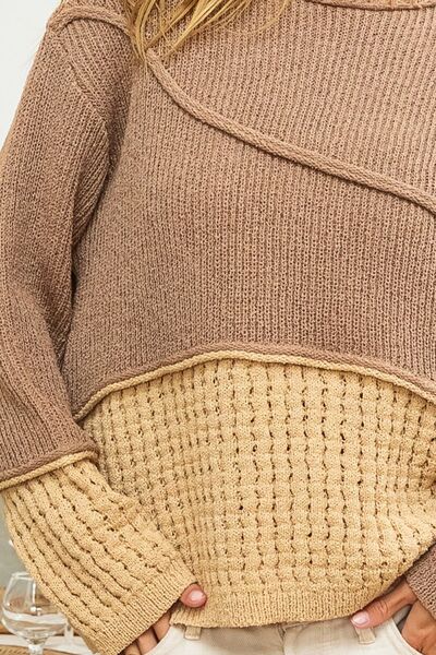 BiBi Texture Detail Contrast Drop Shoulder Long Sleeves Pullover Sweater