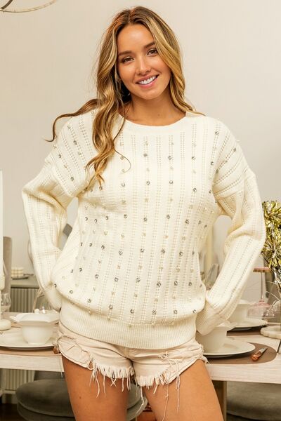 BiBi Pearl & Rhinestone Decor Long Sleeves Pullover Sweater