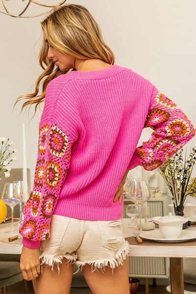 BiBi V-Neck Crochet Detail Long Sleeves Pullover Sweater
