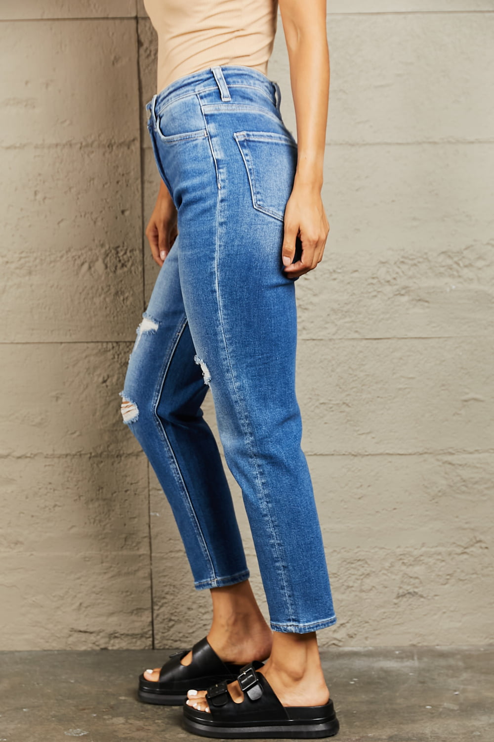 BAYEAS High Waisted Distressed Detailing Cropped Dad Jeans