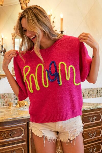 BiBi MOM Contrast Round Neck Short Puff Sleeves Sweater