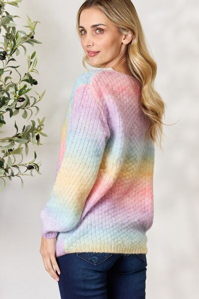 BiBi Rainbow Gradient Long Sleeves Crochet Detail Pullover Sweater