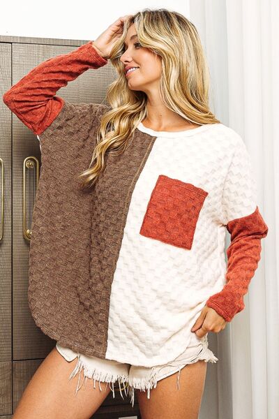 BiBi Color Block Brushed Checker Long Sleeves Oversized Top