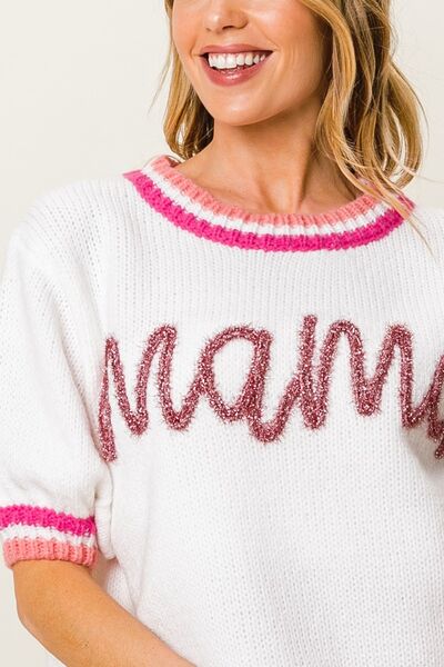 BiBi MAMA Contrast Trim Short Puff Sleeves Round Neck Sweater