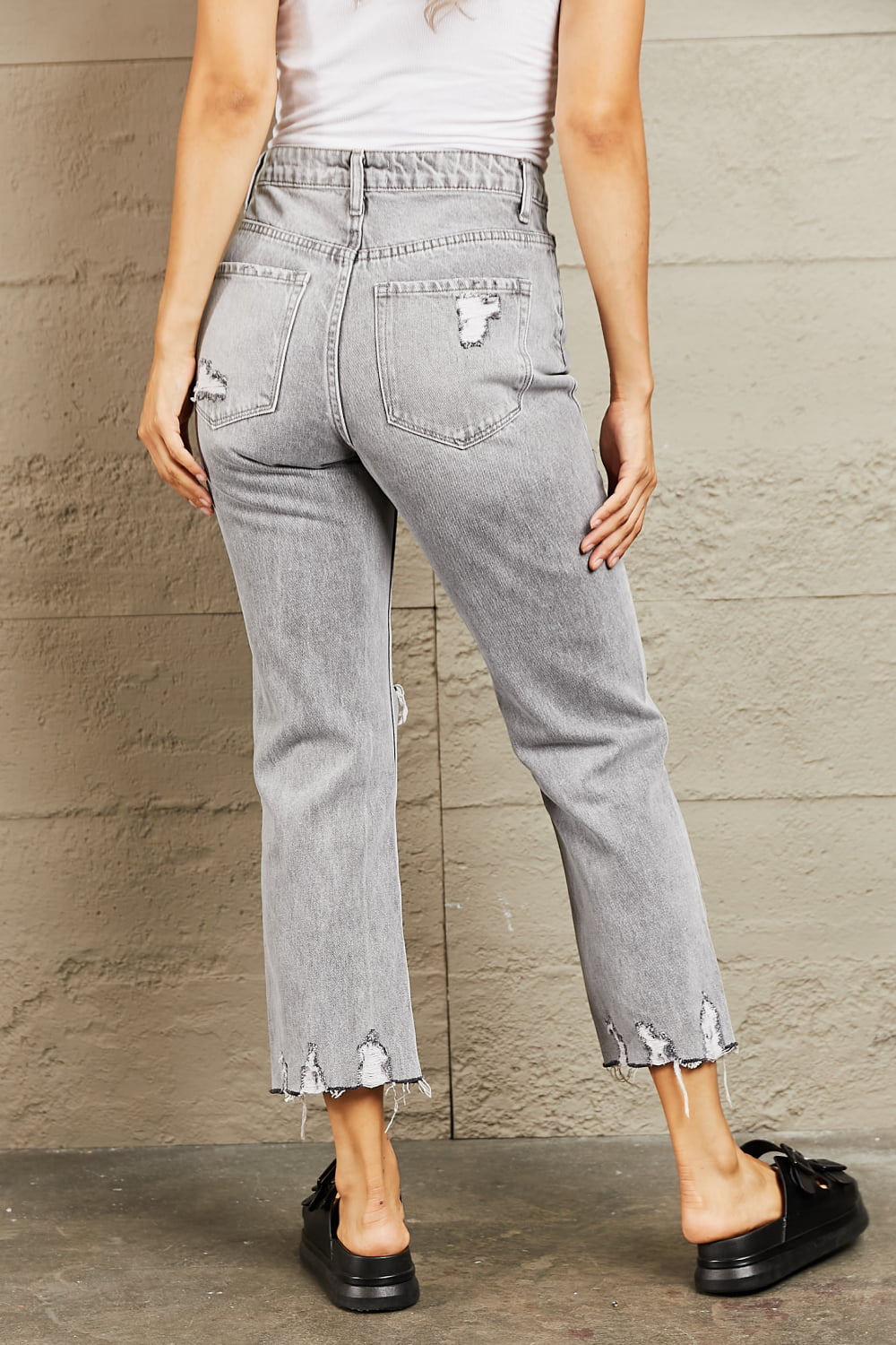 BAYEAS High Waisted Distressed Detail Cropped Mom Jeans