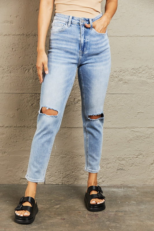 BAYEAS High Waisted Distressed Knees Zipper Fly Slim Cropped Jeans