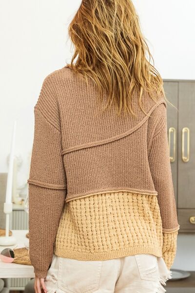 BiBi Texture Detail Contrast Drop Shoulder Long Sleeves Pullover Sweater