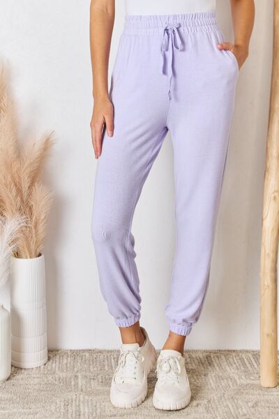 RISEN Full Size Drawstring Ultra Soft Knit Jogger Pants in Lavender