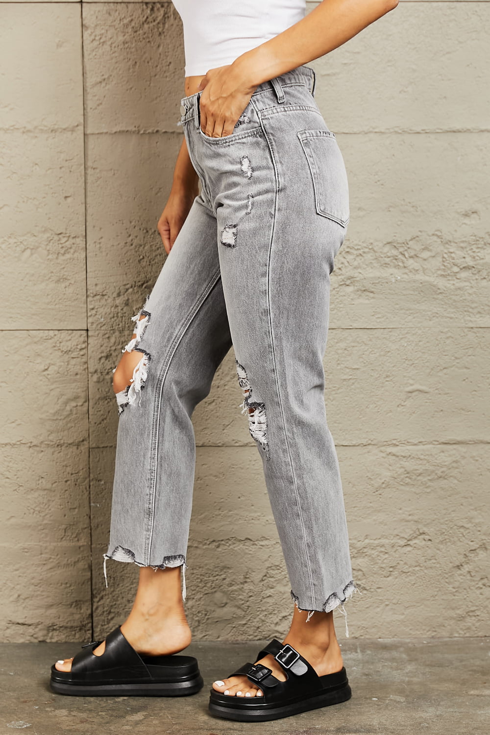 BAYEAS High Waisted Distressed Detail Cropped Straight Jeans