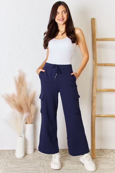 RISEN High Rise Drawstring Relaxed Fit Cargo Pocket Wide Leg Lounge Pants | Navy
