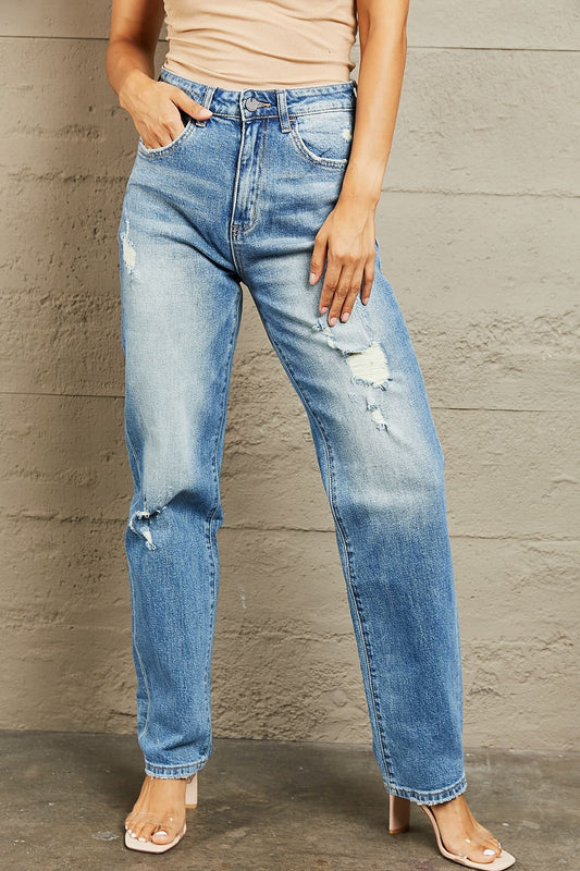 BAYEAS High Waisted Distressed Detailing Straight Jeans