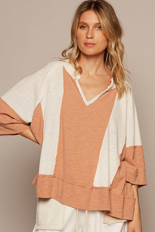 POL Notched Neck Frayed Edge Contrast Oversize Short Sleeves Top