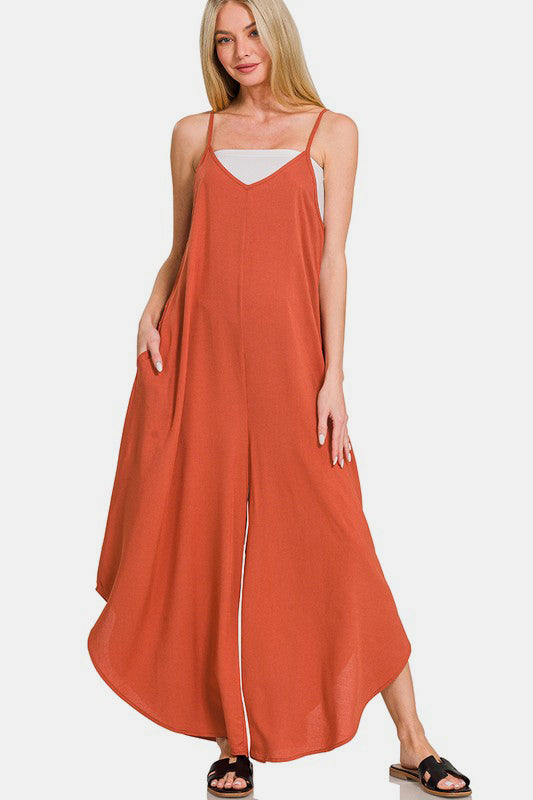 Zenana Spaghetti Strap Side Pockets Wide Leg Rayon Challis Jumpsuit | Rust