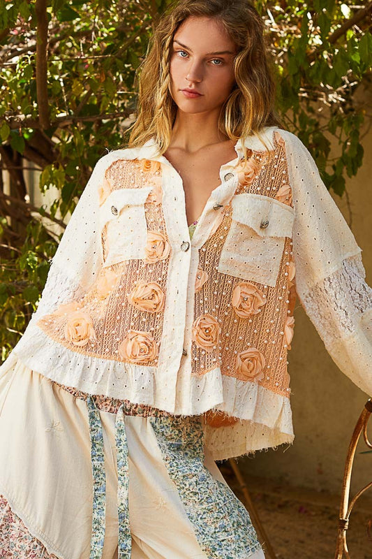 POL Eyelet Flower Pearl Detail Lace Patchwork Balloon Sleeves Shirt | Apricot