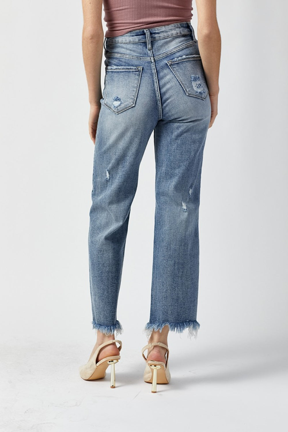 RISEN High Waist Raw Hem Distressed Light Wash Cropped Straight Denim Jeans