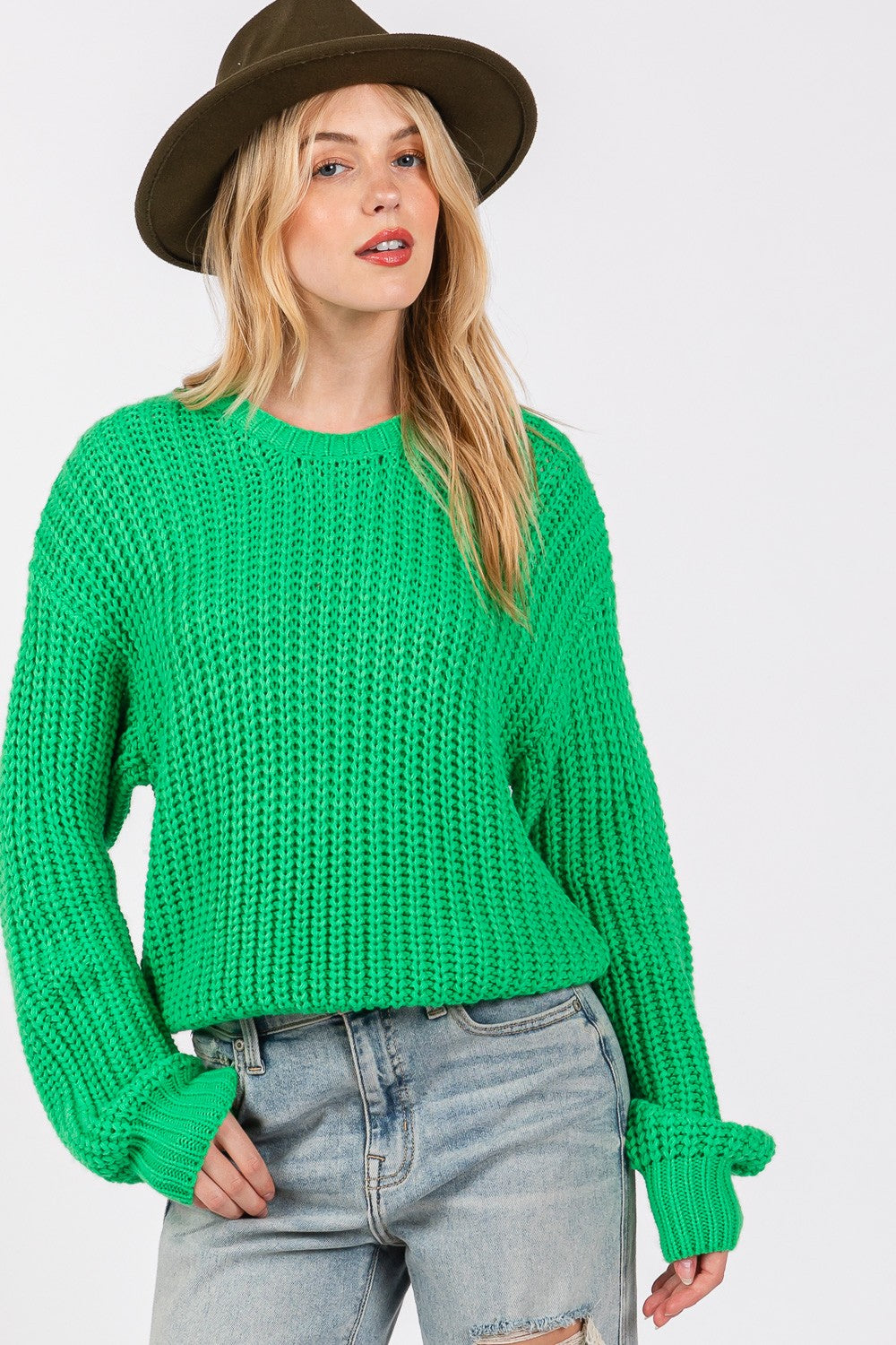 SAGE + FIG Round Neck Drop Shoulder Long Sleeves Pullover Sweater | Green