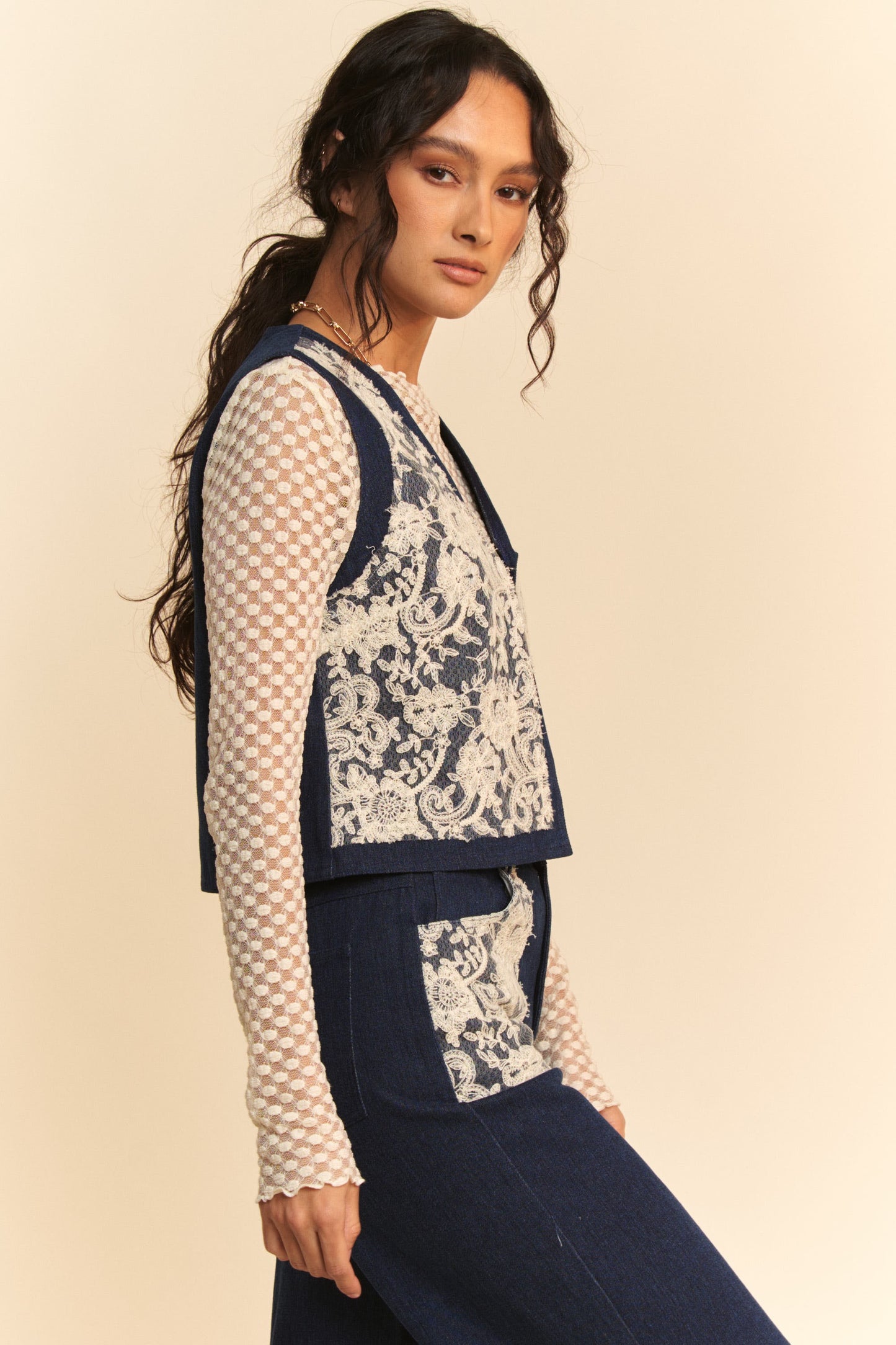 Davi & Dani Casual Textures Lace Patch Detail Open Front Denim Vest | Dark Blue