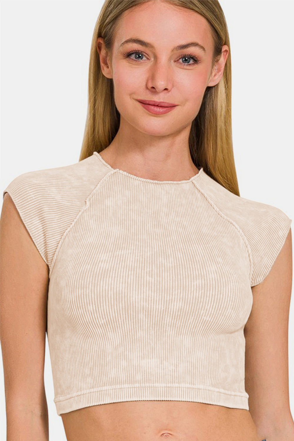 Zenana Stone Washed Ribbed Round Neck Raglan Sleeves Cropped Top | Sand Beige