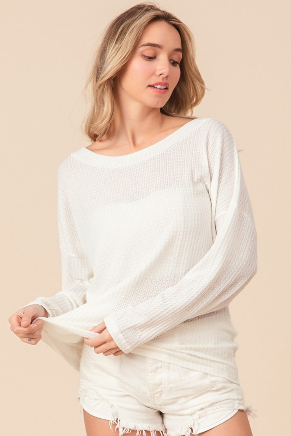 BiBi Waffled Backless Drawstring Long Sleeves T-Shirt