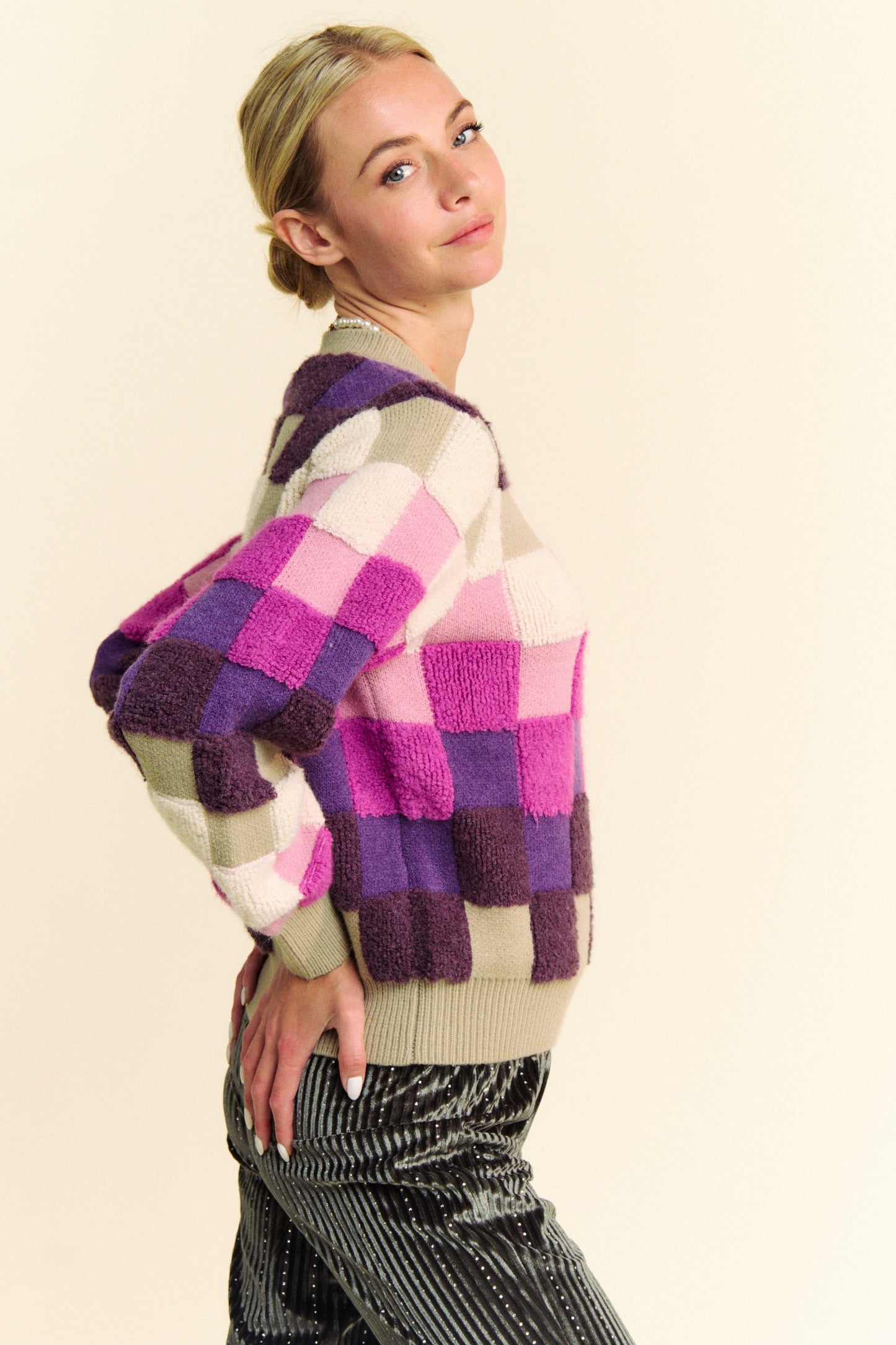 Davi & Dani Multicolor Checkered Round Neck Long Sleeves Knit Sweater | Purple