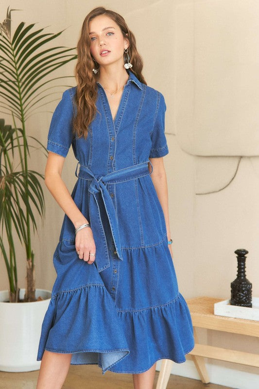 ADORA Tiered Button Down Tie Waist Short Sleeve Denim Dress | Dark