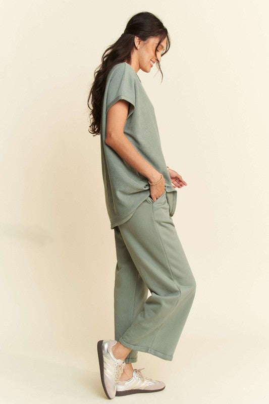 Davi & Dani Crew Neck Short Sleeves Top & Wide Leg Pants Lounge Set | Olive Sage