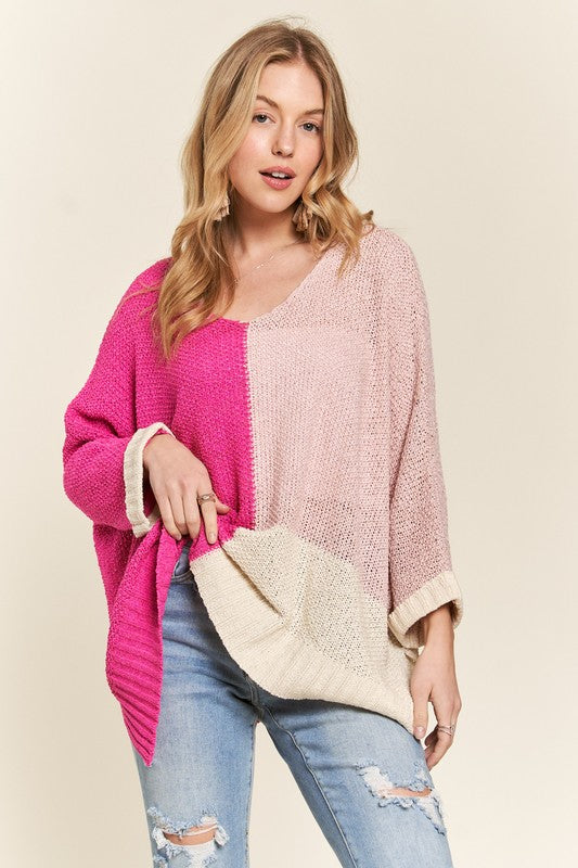 ADORA Side Slit Color Block Long Sleeves V-Neck Lightweight Sweater | Hot Pink