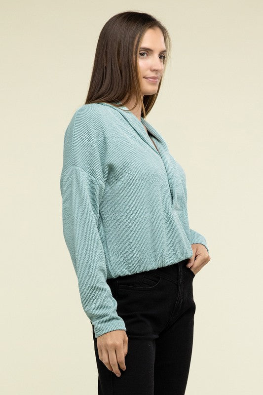 ZENANA Textured Line Elastic Waist Half Closure Front Pullover Top