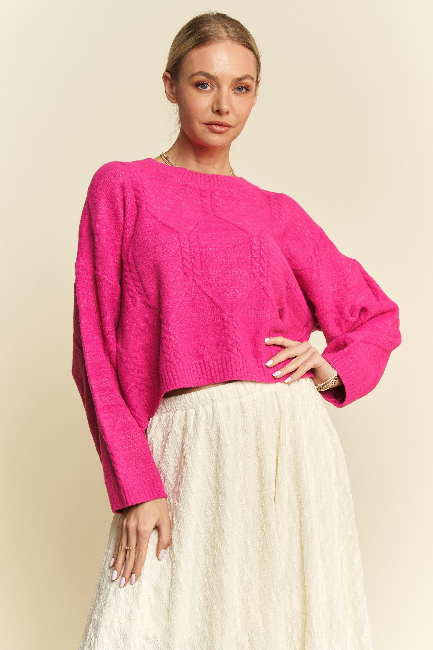 Davi & Dani Diamond Cable Pattern Drop Shoulder Cropped Knit Sweater | Pink