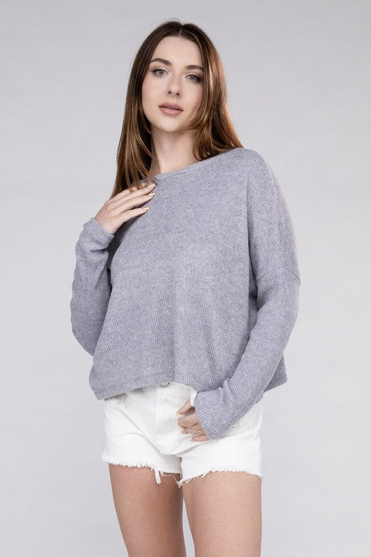 ZENANA Ribbed Dolman Long Sleeves Round Neck Sweater