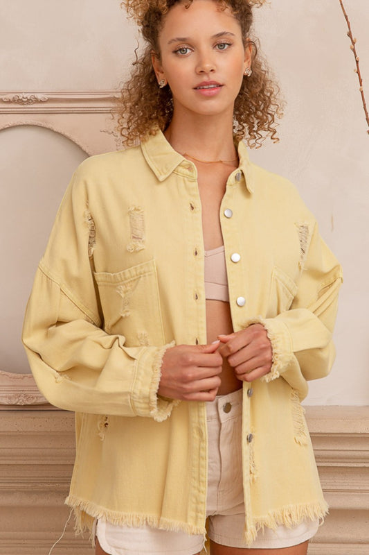 POL Oversized Button Down Raw Hem Distressed Chest Pocket Shacket | Lemonade