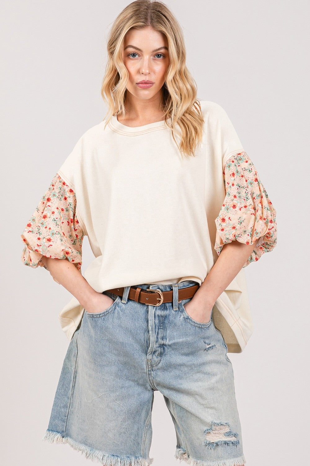 SAGE + FIG Floral Bubble Sleeves Cotton Round Neck Oversize Pullover Top