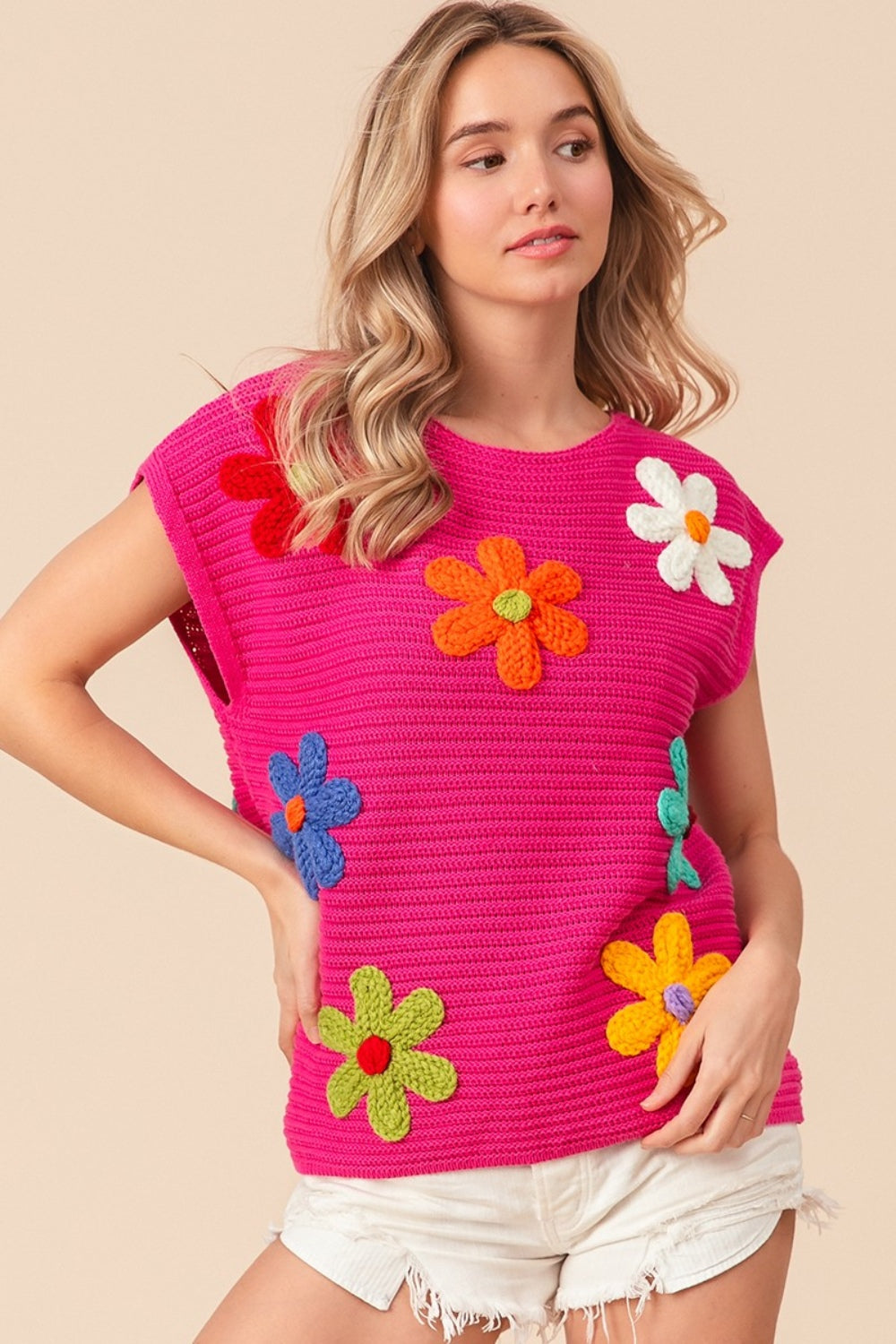 BiBi Crochet Flower Embroidery Round Neck Cap Sleeves Knit Sweater | Fuchsia