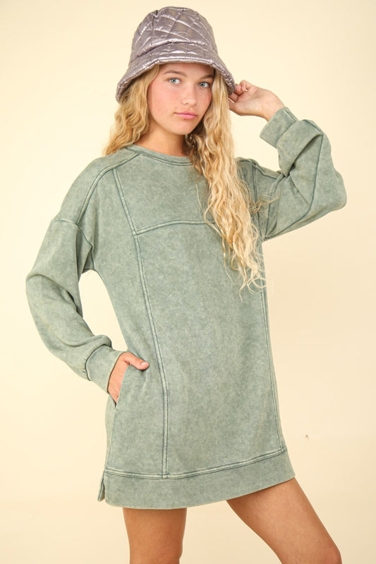 VERY J Mineral Wash Side Pockets Oversized Knit Sweatshirt Mini Dress | Sage