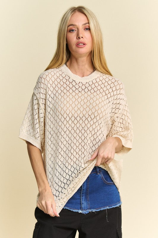 Davi & Dani Side Slit Openwork Round Neck Half Sleeves Knit Cover Up Top | Cream